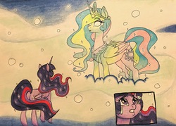 Size: 3026x2169 | Tagged: safe, artist:ameliacostanza, princess celestia, twilight sparkle, alicorn, ghost, pony, g4, cloud, commission, crying, ethereal mane, female, glowing eyes, high res, mare, remember who you are, the lion king, traditional art, twilight sparkle (alicorn)