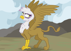 Size: 2043x1451 | Tagged: safe, artist:paskanaakka, derpibooru exclusive, gilda, griffon, g4, cheek fluff, chest fluff, cloud, female, fluffy, solo, spread wings, wings