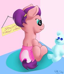 Size: 1000x1156 | Tagged: safe, artist:wittleskaj, spoiled rich, earth pony, pony, g4, baby, baby pony, corner, diaper, female, filly, foal, teddy bear