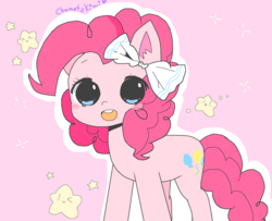 Size: 1346x1092 | Tagged: dead source, safe, artist:chametzkiwi, pinkie pie, earth pony, pony, g4, bow, cute, female, happy, solo