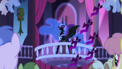 Size: 1280x720 | Tagged: safe, edit, edited screencap, editor:watermelon changeling, screencap, nightmare moon, alicorn, pegasus, pony, friendship is magic, g4, jojo's bizarre adventure, laughing, menacing, spread wings, wings, ゴ ゴ ゴ