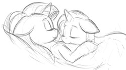 Size: 1125x621 | Tagged: safe, artist:grissaecrim, starlight glimmer, trixie, pony, unicorn, g4, duo, female, grayscale, lesbian, mare, monochrome, ship:startrix, shipping, sketch, sleeping