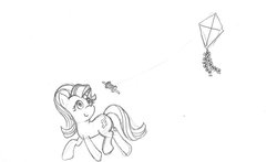 Size: 1024x601 | Tagged: safe, artist:8sseldne, starlight glimmer, pony, unicorn, g4, female, grayscale, kite, kite flying, mare, monochrome, simple background, sketch, solo, traditional art, white background