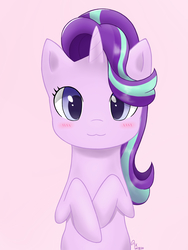 Size: 1200x1600 | Tagged: safe, artist:zoxriver503, starlight glimmer, pony, unicorn, g4, :3, blushing, bust, cute, female, glimmerbetes, looking at you, pink background, simple background, solo, weapons-grade cute