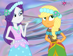 Size: 1023x784 | Tagged: safe, artist:smallartistyt, edit, applejack, rarity, a canterlot wedding, equestria girls, g4, bridesmaid dress, clothes, dress, wallpaper, wallpaper edit