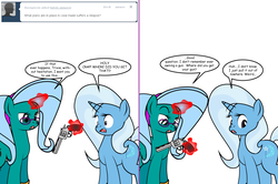 Size: 1204x800 | Tagged: safe, artist:dekomaru, trixie, oc, oc:hazel lulamoon, pony, unicorn, tumblr:ask twixie, g4, ask, female, gun, handgun, magic, mare, revolver, tumblr