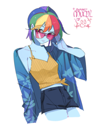 Size: 619x768 | Tagged: safe, artist:dusty-munji, rainbow dash, equestria girls, g4, alternate hairstyle, clothes, female, looking at something, midriff, shorts, simple background, solo, sunglasses