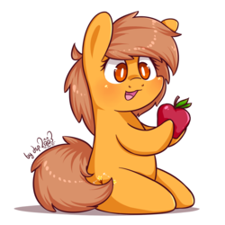 Size: 1280x1280 | Tagged: safe, artist:dsp2003, oc, oc only, oc:meadow stargazer, earth pony, pony, apple, bipedal, chibi, cute, food, open mouth, simple background, style emulation, transparent background