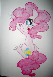 Size: 2525x3649 | Tagged: safe, artist:beetrue, pinkie pie, earth pony, pony, g4, cute, diapinkes, female, hanging on, high res, one eye closed, solo, traditional art, wink