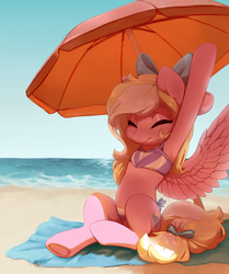 Size: 2278x2728 | Tagged: safe, artist:aphphphphp, oc, oc only, oc:bay breeze, pegasus, pony, armpits, beach, beach umbrella, bikini, bow, clothes, cute, eyes closed, female, hair bow, high res, mare, ocbetes, solo, stretching, swimsuit, umbrella, underhoof, water
