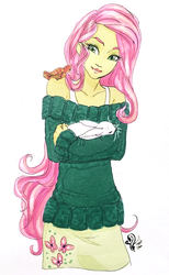 Size: 791x1280 | Tagged: safe, artist:candasaurus, edit, angel bunny, fluttershy, bird, equestria girls, g4, carrying, clothes, off shoulder, simple background, sleeping, smiling, sweater, sweater dress, sweatershy, traditional art