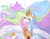 Size: 1280x1011 | Tagged: safe, artist:candasaurus, edit, princess celestia, alicorn, pony, g4, female, jewelry, mare, modified accessory, raised hoof, smiling, solo, spread wings, traditional art, wings