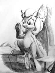 Size: 1138x1504 | Tagged: safe, artist:ponsce, oc, oc only, bat pony, pony, female, frog (hoof), grayscale, horseshoes, mare, monochrome, pond, sitting, solo, tentacles, traditional art, underhoof
