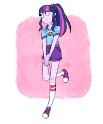 Size: 1000x1200 | Tagged: safe, alternate version, artist:tamoqu, sci-twi, twilight sparkle, equestria girls, g4, my little pony equestria girls: legend of everfree, clothes, converse, cute, female, glasses off, missing accessory, no pupils, ponytail, shirt, shoes, shorts, smiling, sneakers, solo, twiabetes