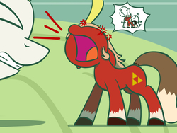 Size: 1800x1350 | Tagged: safe, artist:flutterluv, surprise, pony, g1, angry, atg 2017, cross-popping veins, epona, eyes closed, female, mare, micro, newbie artist training grounds, open mouth, size difference, the legend of zelda, yelling