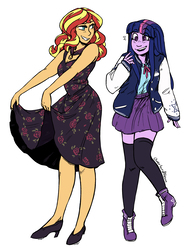 Size: 1998x2601 | Tagged: safe, artist:overlordneon, sunset shimmer, twilight sparkle, equestria girls, g4, clothes, dress, duo, female, floral print, high heels, jacket, lesbian, looking back, ship:sunsetsparkle, shipping, shirt, shoes, simple background, skirt, smiling, stockings, thigh highs, varsity jacket, zettai ryouiki