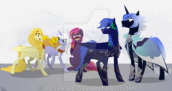 Size: 600x318 | Tagged: safe, artist:basykail, oc, oc only, oc:bright nova, oc:feather moon, oc:light purity, oc:lucky punk, oc:night wing, oc:white blade, pegasus, pony, unicorn, cloak, clothes, concave belly, female, laughing, male, mare, slender, stallion, thin, watermark