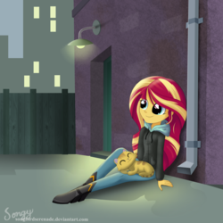 Size: 2000x2000 | Tagged: safe, artist:songbirdserenade, sunset shimmer, cat, eqg summertime shorts, equestria girls, g4, monday blues, alley, clothes, female, high res, hoodie, night, sitting, solo