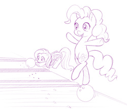 Size: 1000x861 | Tagged: safe, artist:dstears, fluttershy, pinkie pie, earth pony, pegasus, pony, g4, atg 2017, balancing, bowling, bowling ball, cute, diapinkes, duo, female, mare, monochrome, newbie artist training grounds, purple, shyabetes, simple background, smiling