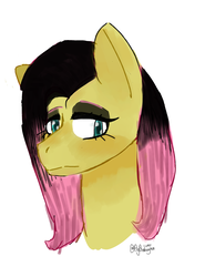 Size: 2000x2700 | Tagged: safe, artist:itzdatag0ndray, fluttershy, pony, g4, alternate hair color, bust, eyeshadow, female, goth, hair dye, high res, makeup, simple background, solo