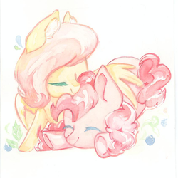 Size: 2000x2000 | Tagged: safe, artist:milarvozmido, fluttershy, pinkie pie, earth pony, pegasus, pony, g4, duo, eyes closed, female, high res, hug, lesbian, prone, ship:flutterpie, shipping, simple background, sitting, smiling, traditional art, watercolor painting, white background, winghug