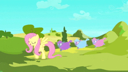Size: 1280x720 | Tagged: safe, screencap, fluttershy, pegasus, pony, sheep, g4, the crystal empire, 60 fps, animated, bipedal, cute, eyes closed, female, mare, no sound, open mouth, pronking, shyabetes, skipping, smiling, spread wings, the ballad of the crystal empire, tiny ewes, webm, wings
