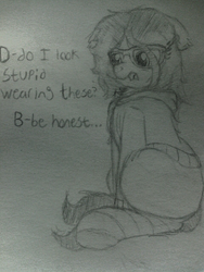 Size: 960x1280 | Tagged: safe, artist:redcrow32, oc, oc only, oc:floor bored, earth pony, pony, 4chan, clothes, dialogue, female, glasses, hoodie, mare, monochrome, open mouth, sitting, socks, solo, striped socks, sweater, traditional art