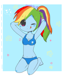 Size: 1152x1380 | Tagged: safe, artist:chametzkiwi, rainbow dash, equestria girls, g4, belly button, bikini, clothes, female, human female, kneeling, one eye closed, ponytail, solo, swimsuit, tongue out, tying hair, wink