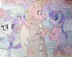 Size: 1024x802 | Tagged: safe, artist:evergreen-gemdust, garble, rarity, spike, twilight sparkle, alicorn, dragon, pony, g4, bipedal, clothes, crack shipping, dancing, dress, female, male, ship:twigarble, shipping, straight, traditional art, twilight sparkle (alicorn)