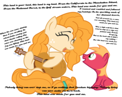 Size: 3000x2400 | Tagged: safe, artist:aaronmk, big macintosh, pear butter, earth pony, pony, g4, colt, female, foal, freckles, guitar, high res, male, mare, mother and son, simple background, song, text, transparent background, vector, woody guthrie, younger