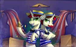 Size: 2185x1361 | Tagged: safe, artist:ramiras, flam, flim, pony, unicorn, g4, bits, brothers, clothes, crossed hooves, duo, evil grin, facial hair, flim flam brothers, grin, hat, looking at you, male, moustache, smiling, stallion