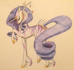 Size: 1024x974 | Tagged: safe, artist:oneiria-fylakas, rarity, original species, pony, g4, cloven hooves, eyes closed, female, raised hoof, skall, solo, species swap, traditional art