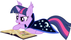 Size: 6000x3324 | Tagged: safe, artist:magister39, twilight sparkle, bat pony, pony, g4, bat ponified, book, cape, clothes, ear tufts, fangs, female, mare, prone, race swap, reading, simple background, solo, transparent background, twibat, vector