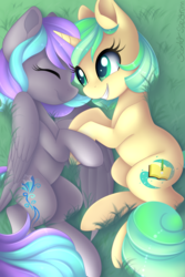 Size: 3000x4500 | Tagged: safe, artist:scarlet-spectrum, oc, oc only, oc:first edition, oc:silverstar, pegasus, pony, unicorn, commission, cuddling, duo, eyes closed, female, grass, high res, mare, smiling