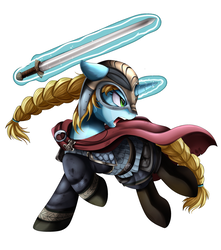 Size: 3405x3856 | Tagged: safe, artist:pridark, oc, oc only, oc:faye stal, pony, unicorn, armor, clothes, female, glowing horn, helmet, high res, horn, horned helmet, magic, mare, simple background, solo, sword, transparent background, viking, viking helmet, weapon