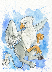 Size: 972x1346 | Tagged: safe, artist:spell_fox, oc, oc only, oc:der, griffon, flying, majestic, paw pads, solo, traditional art, watercolor painting