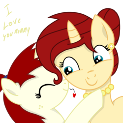 Size: 1000x1000 | Tagged: safe, artist:toyminator900, oc, oc only, oc:golden brooch, oc:silver draw, pony, unicorn, cute, daaaaaaaaaaaw, duo, earring, female, freckles, hair bun, hug, jewelry, mother, mother and daughter, necklace, pearl earrings, pearl necklace, ponytail, simple background, smiling, transparent background
