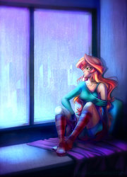 Size: 720x1000 | Tagged: safe, artist:limreiart, sunset shimmer, fanfic:long road to friendship, equestria girls, g4, bed, clothes, fanfic, fanfic art, female, human coloration, rain, socks, solo, striped socks