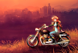 Size: 1000x683 | Tagged: safe, artist:limreiart, sunset shimmer, fanfic:long road to friendship, equestria girls, g4, city, cityscape, fanfic, fanfic art, female, human coloration, motorcycle, smiling, solo