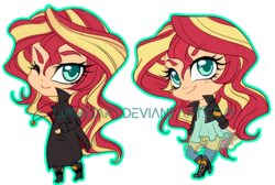 Size: 700x469 | Tagged: safe, artist:limreiart, sunset shimmer, equestria girls, g4, chibi, female, human coloration, smiling, smirk, solo, watermark