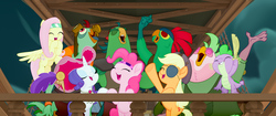 Size: 2048x858 | Tagged: safe, screencap, applejack, boyle, fluttershy, lix spittle, mullet (g4), pinkie pie, rarity, spike, squabble, dragon, parrot pirates, pony, g4, my little pony: the movie, eyepatch, hat, pirate, pirate hat