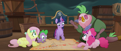 Size: 2048x858 | Tagged: safe, screencap, fluttershy, lix spittle, pinkie pie, spike, twilight sparkle, alicorn, dragon, earth pony, parrot pirates, pegasus, pony, g4, my little pony: the movie, cute, female, frown, grin, hair hold, hat, headband, looking up, map, mare, pirate, pirate hat, prehensile mane, prone, quill, serious, serious face, sitting, smiling, smirk, twilight sparkle (alicorn)