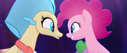 Size: 2048x858 | Tagged: safe, screencap, pinkie pie, princess skystar, spike, fish, puffer fish, seapony (g4), g4, my little pony: the movie, official, blue mane, bubble, duo focus, eyelashes, female, flowing mane, freckles, happy, jewelry, looking at each other, looking at someone, mare, necklace, ocean, pearl necklace, pink mane, scales, seaponified, seapony pinkie pie, seaquestria, seashell necklace, smiling, smiling at each other, species swap, spike the pufferfish, teeth, underwater, water