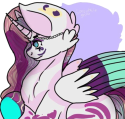 Size: 478x456 | Tagged: safe, artist:smoothie gecko, oc, oc only, oc:aurora risk, pegasus, pony, colored wings, fake horn, markings, sitting, solo