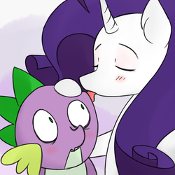 Size: 1500x1500 | Tagged: safe, artist:grim ponka, rarity, spike, dragon, g4, awkward, female, licking, male, newbie artist training grounds, ship:sparity, shipping, straight, tongue out, weird