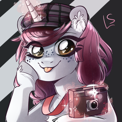 Size: 3000x3000 | Tagged: safe, artist:lavendersweet69, oc, oc only, oc:pairing, pony, unicorn, camera, female, freckles, glowing horn, hat, high res, horn, looking at you, mare, smiling, solo, tongue out