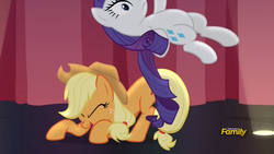 Size: 2560x1440 | Tagged: safe, screencap, applejack, rarity, pony, fame and misfortune, g4, belly, bucking, discovery family logo, duo, featureless crotch, female, flawless, shocked, stage, surprised