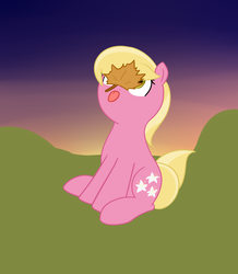 Size: 1037x1190 | Tagged: safe, artist:neuro, lily, lily valley, earth pony, pony, g4, :p, cute, female, leaf, mare, mlem, silly, silly pony, sitting, solo, sunset, tongue out