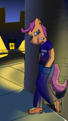 Size: 1125x2001 | Tagged: safe, artist:platypus-the-pony, scootaloo, anthro, plantigrade anthro, g4, cigarette, city, clothes, female, hand in pocket, jeans, leaning, messy mane, night, pants, piercing, shirt, shoes, smoking, solo, squint, streetlight, t-shirt, yiff