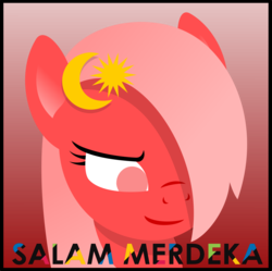 Size: 1761x1755 | Tagged: safe, artist:arifproject, oc, oc only, oc:downvote, earth pony, pony, derpibooru, g4, bust, derpibooru ponified, female, gradient background, hair over one eye, independence day, lineless, malay, malay independence day, malaysia, mare, meta, minimalist, modern art, ponified, portrait, smiling, solo, vector